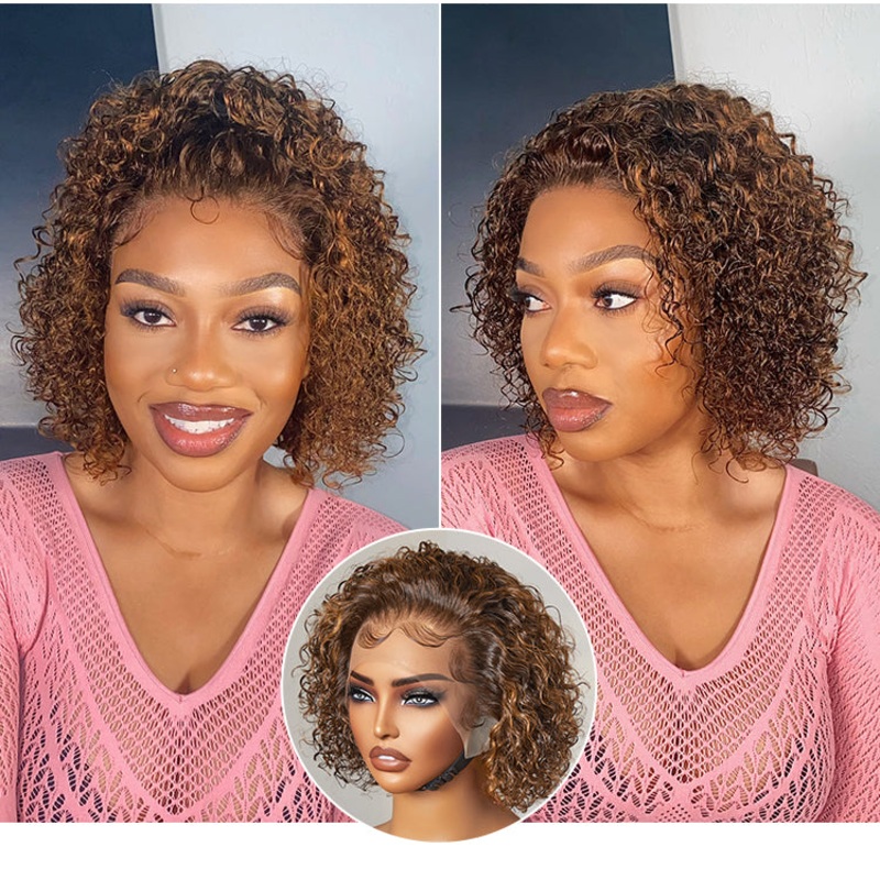Crazy Wednesday | Brown Highlight / Jet Black Short Cut Slicked Back Curly Ear-to-ear Wide T Lace Wig Brown Highlight 8 No