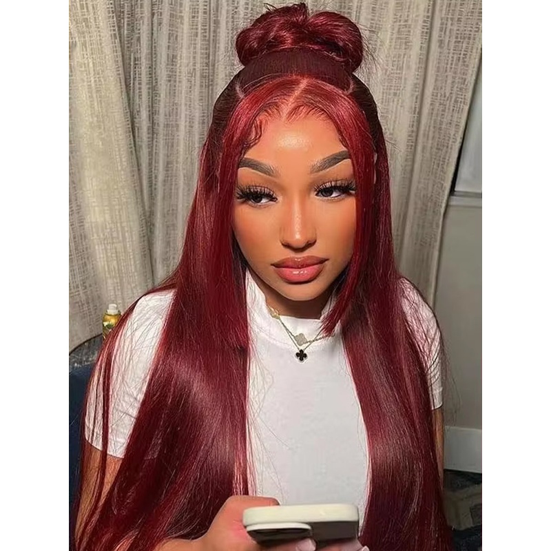 CurlyMe 99J Burgundy Color Straight Hair 13×4 Lace Front Wigs Easy Bleached Lace Wigs 180% 10(bob)