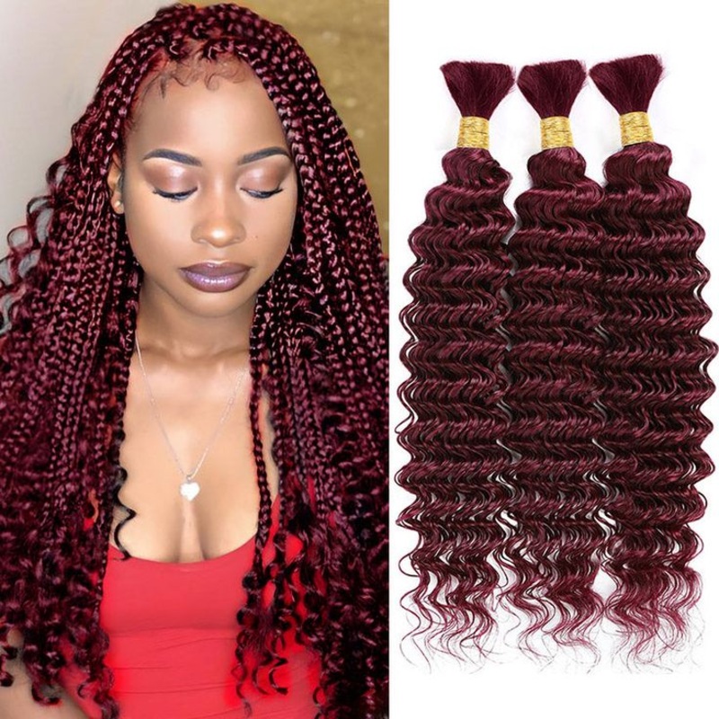 QVR Burgundy Deep Wave Bulk Hair Extensions for Boho Knotless Braiding 3 Packs (Full Head) 12”