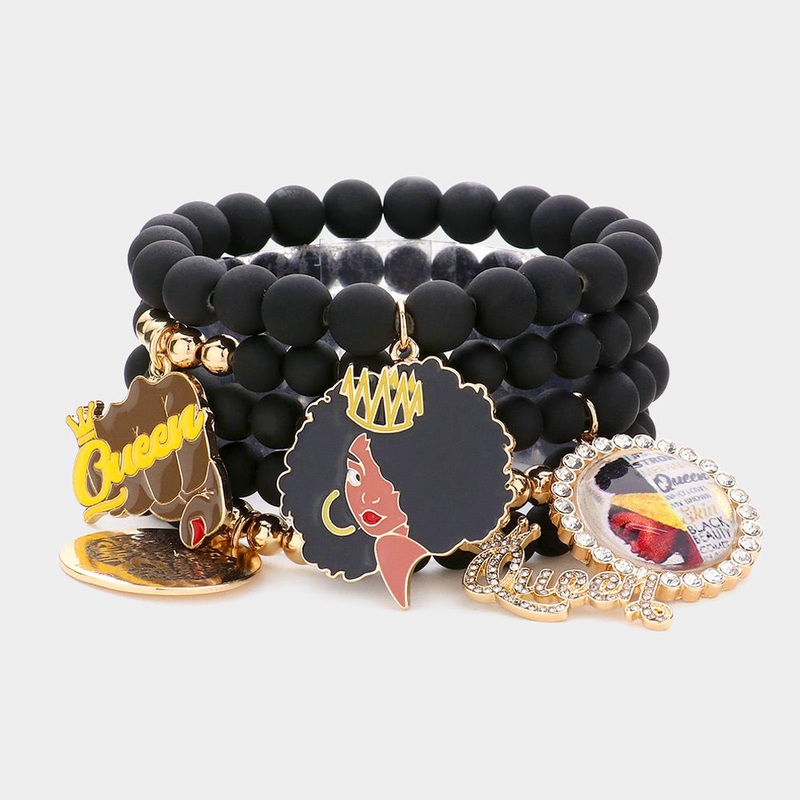 5PCS – Queen Message Afro Girl Charm Beaded Stretch Bracelets Black