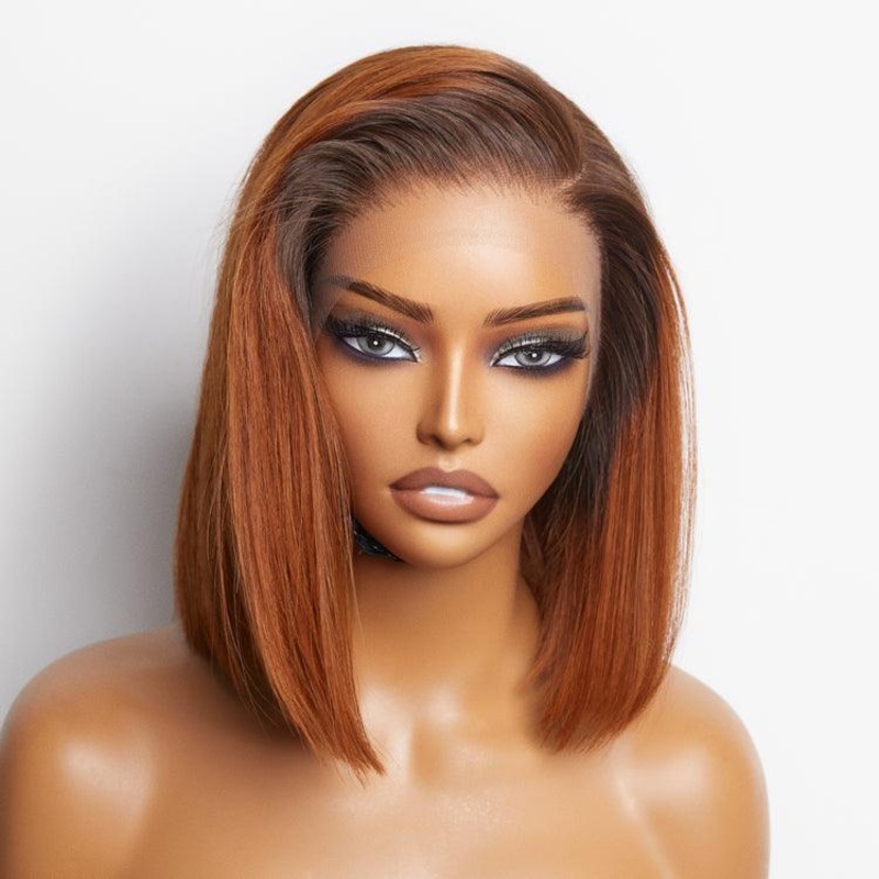 Exclusive Sale | Ginger Ombre Silky Blunt Cut Glueless 13×4 Lace Front Short Bob Wig 100% Human Hair 8 inches No