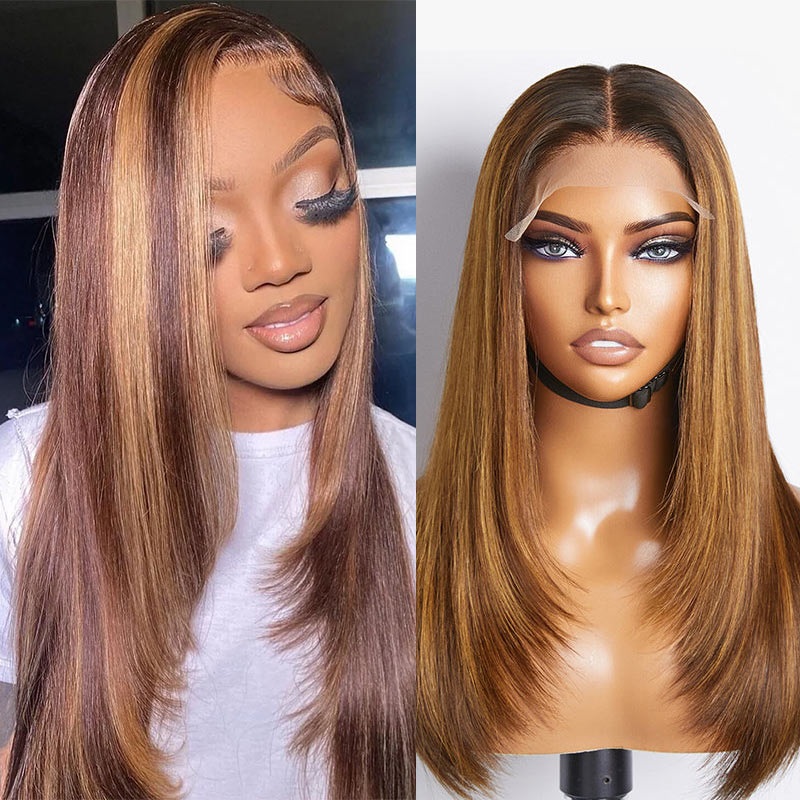 QVR Glueless Piano Highlight Straight 5×5 Lace Closure Wig Layered Cut Human Hair Brown Mix Blonde Wigs 18 180% 5×5 Lace