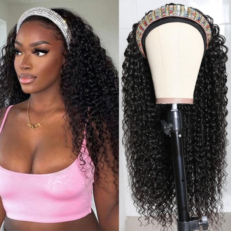 QVR Jerry Curly Wig Headband Wig Glueless Wig Human Hair Wigs Natural Looking 14 180% Jerry Curly