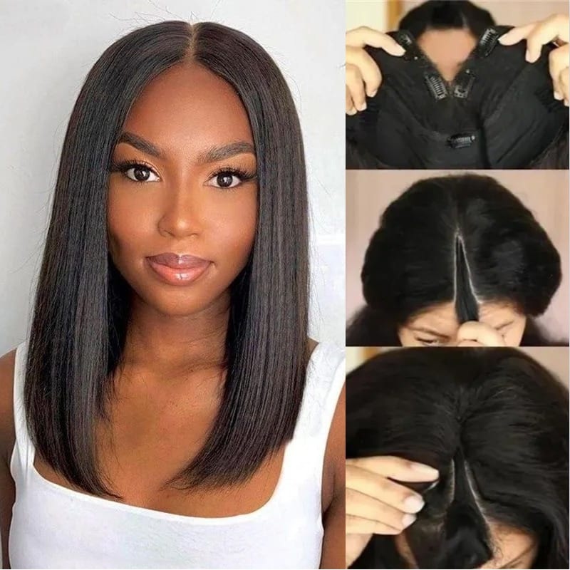 QVR Straight V Part Short Bob Human Hair Wig Realistic Hairline and Soft High-quality Hair 8” Handmade V Part (Natural Flat Edge)