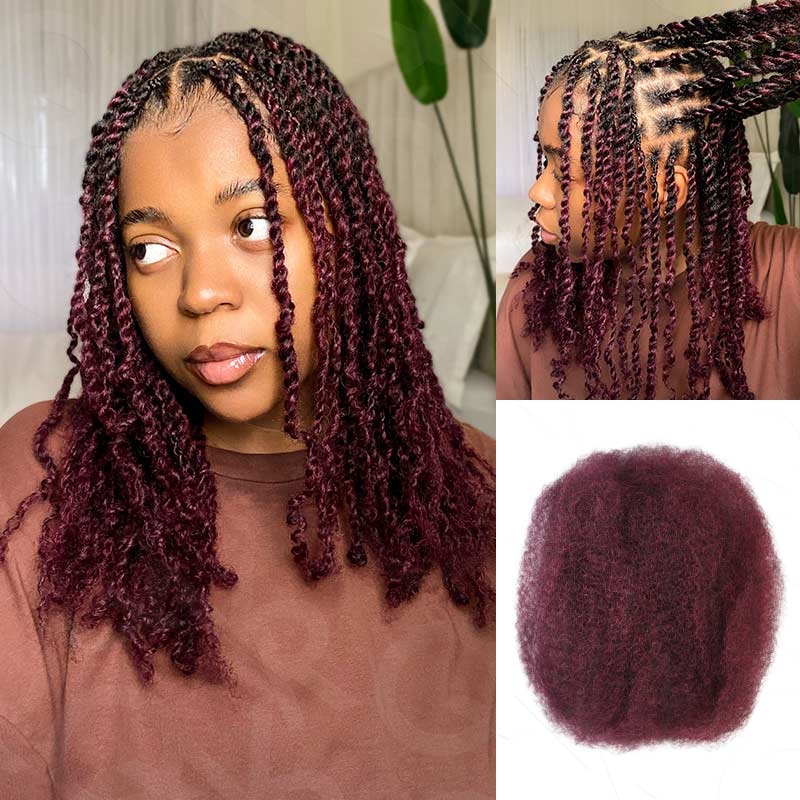 QVR Three Mix Colors Afro Kinky Bulk #1B/99J/Burgundy Human Hair For Braiding Dreadlock Hair Mix #1B/99J/Burg 3 Packs (Full Head) 10”