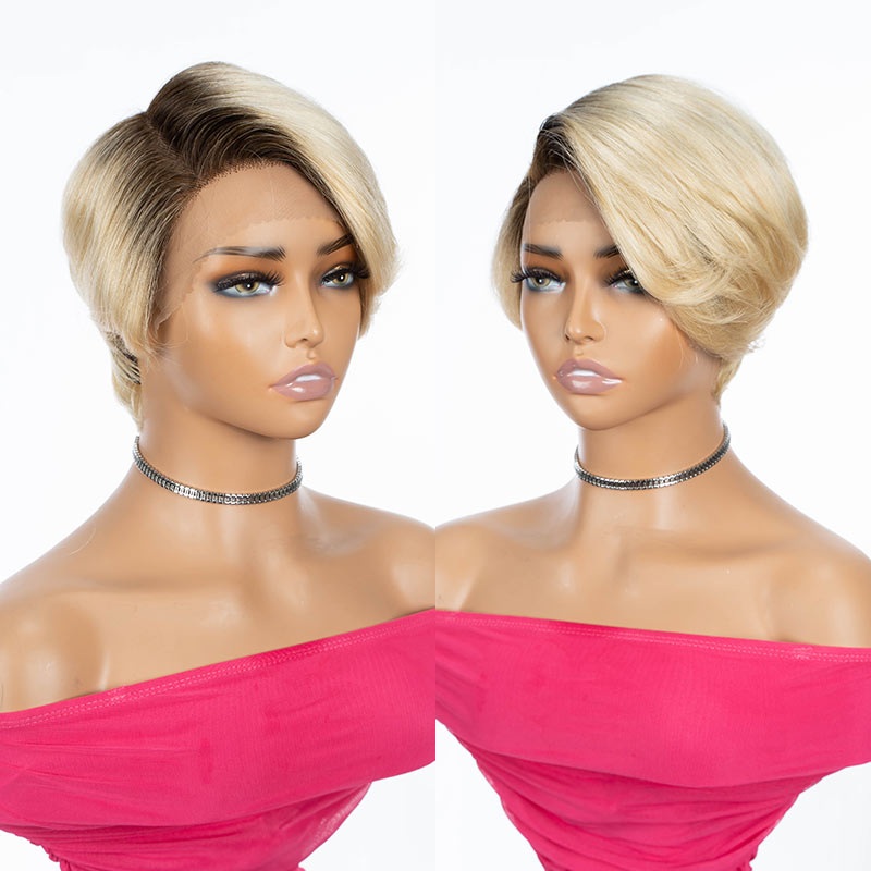 QVR TikTok Pixie Cut Style Short Hair Highlight T4/613 Color T Part Lace Frontal Human Hair Wig C Lace Part