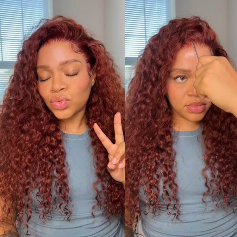 Water Wave 13×4 Lace Front Human Hair Wig and 8×5 HD Lace Glueless Wig #33 Reddish Brown Color 16 5×5 Glueless Lace 150%