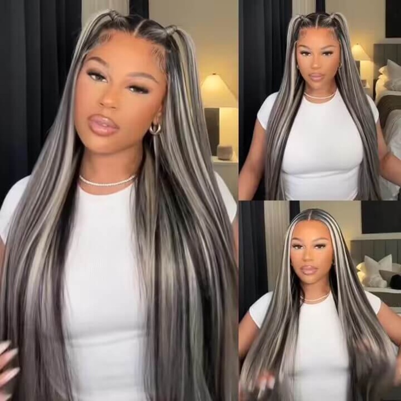 Blonde Highlights HD Lace Front Straight Wigs 13×4/13×6 Glueless Wigs Black Wig with #613 Blonde Highlight 14 5×5 Pre Cut Glueless 180%