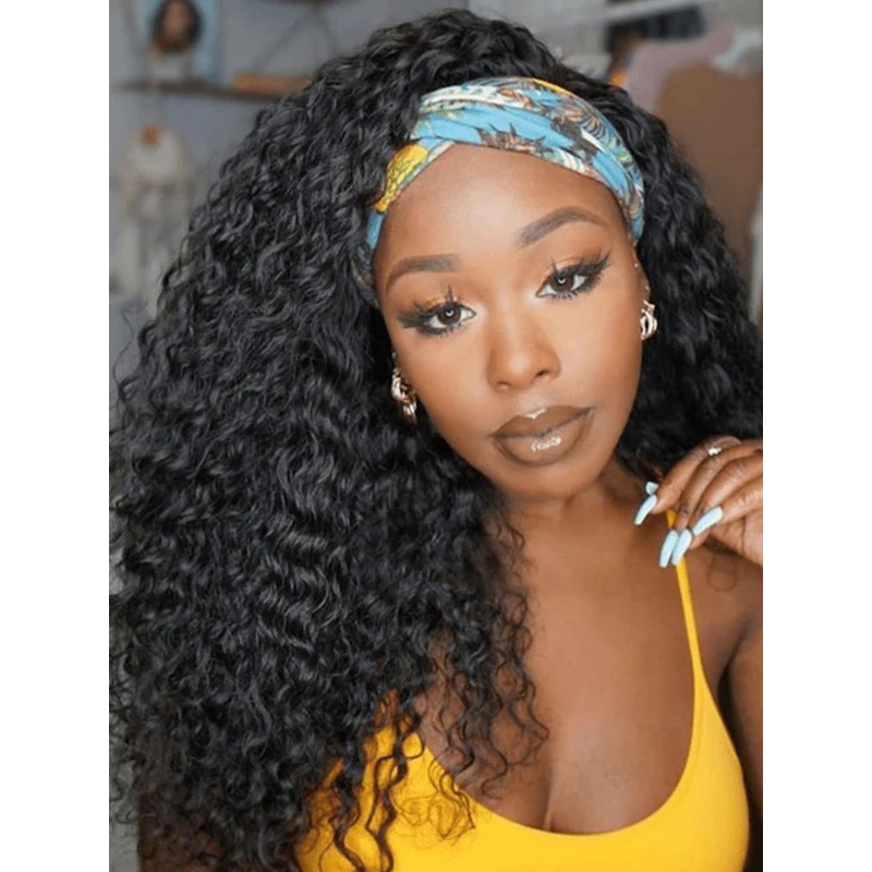 CurlyMe Deep Wave Headband Wig Human Hair 180% Density Thick Non Lace Wigs 10(bob)