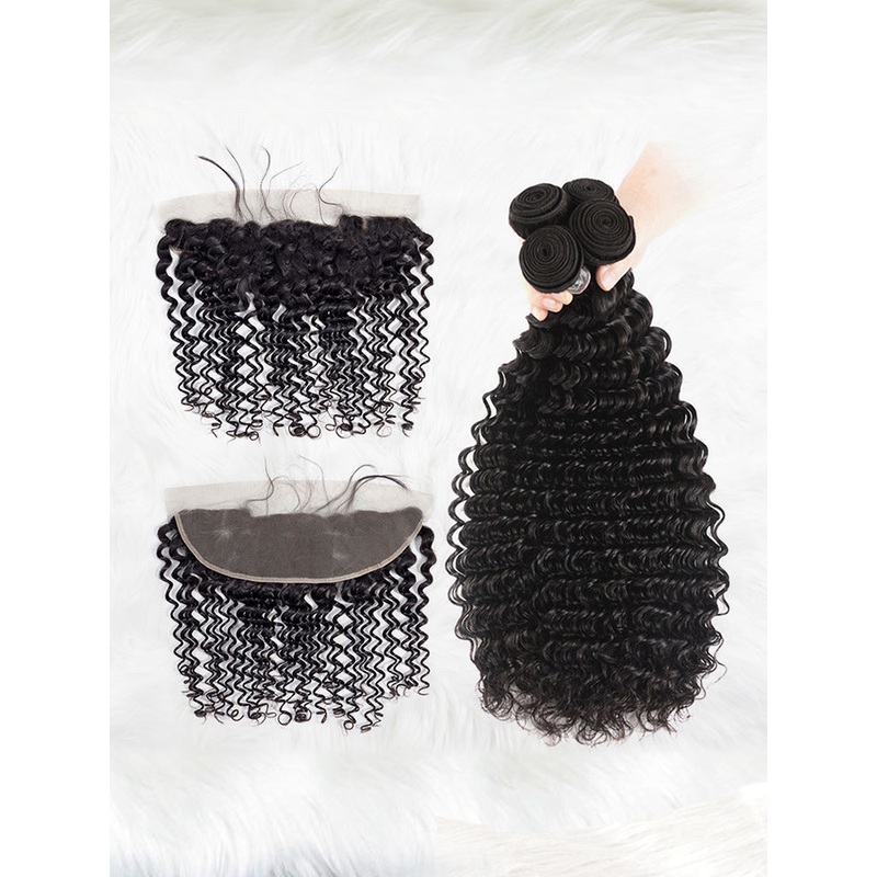 CurlyMe Deep Wave Human Hair 4 Bundles with 13×4 Lace Frontal Natural Black 8 8 10 10 13×4 Frontal 8