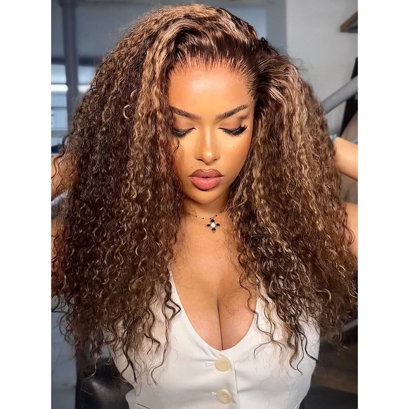 CurlyMe Highlights Ombre Human Hair Wigs Kinky Curly Transparent Lace Wigs Pre plucked 13×4 180% 10