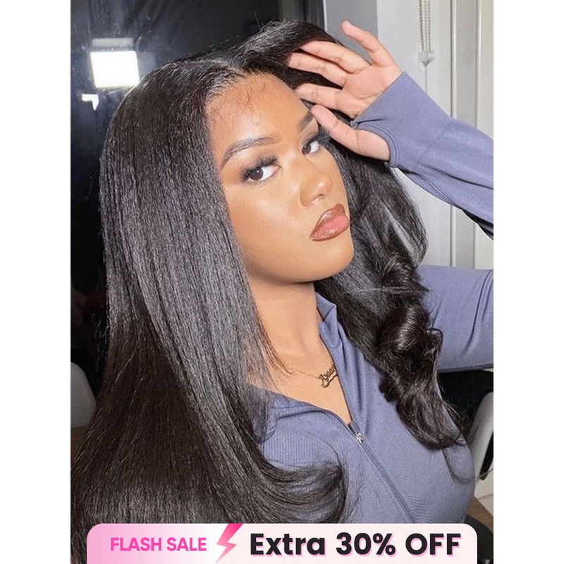 CurlyMe Layered Cut Pre-bleached Yaki Straight Hair Wear Go Glueless Wig 7×5 Pre-cut HD Lace Pre-plucked Bleached 14(bob)