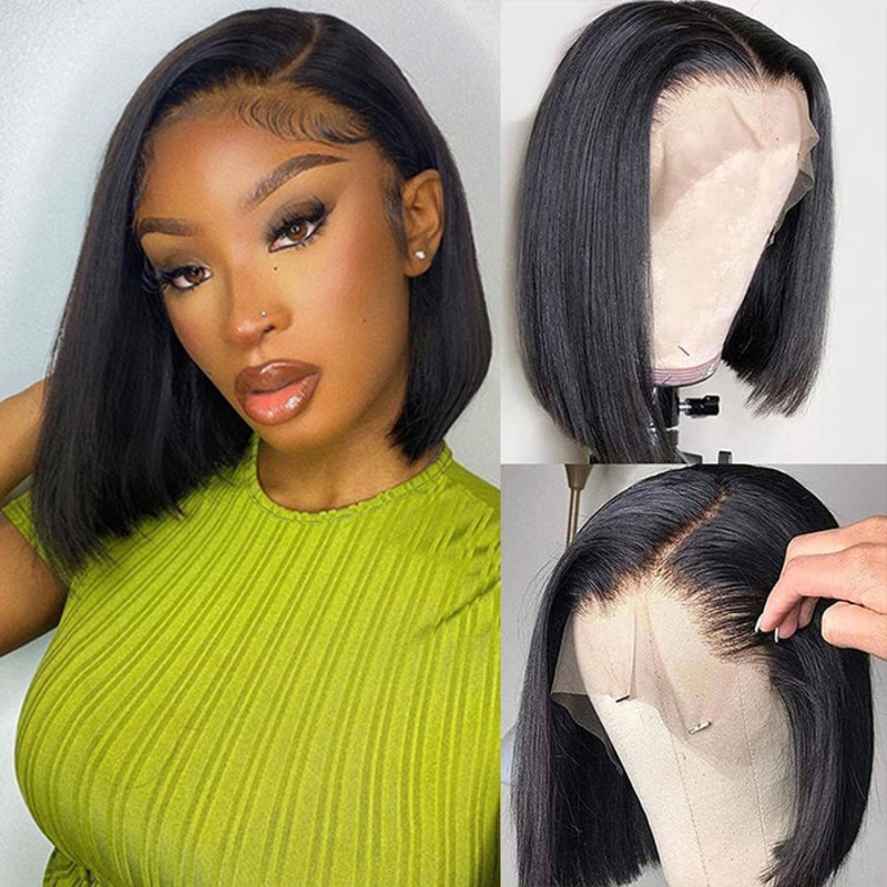 220% Density Short Straight Bob Wigs 13×4 HD Lace Front Wigs Pre Plucked & Bleached Knots Glueless Human Hair Wig 10 13×4 HD Lace Natural Black