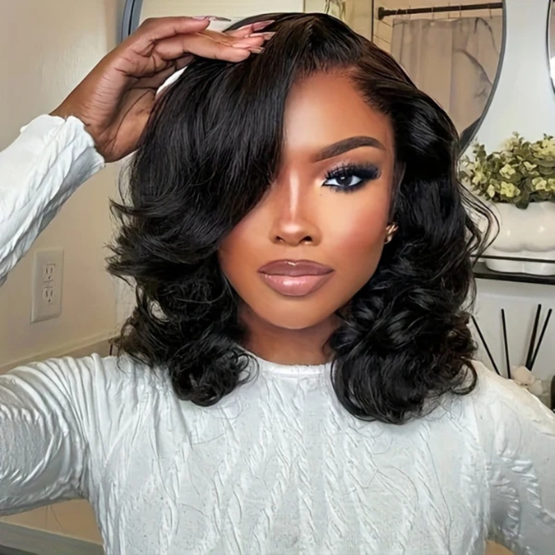 Exclusive Sale | Effortlessly Chic Layered Haircut Wavy Glueless HD Minimalist Lace Short Wig Natural Black 12 No