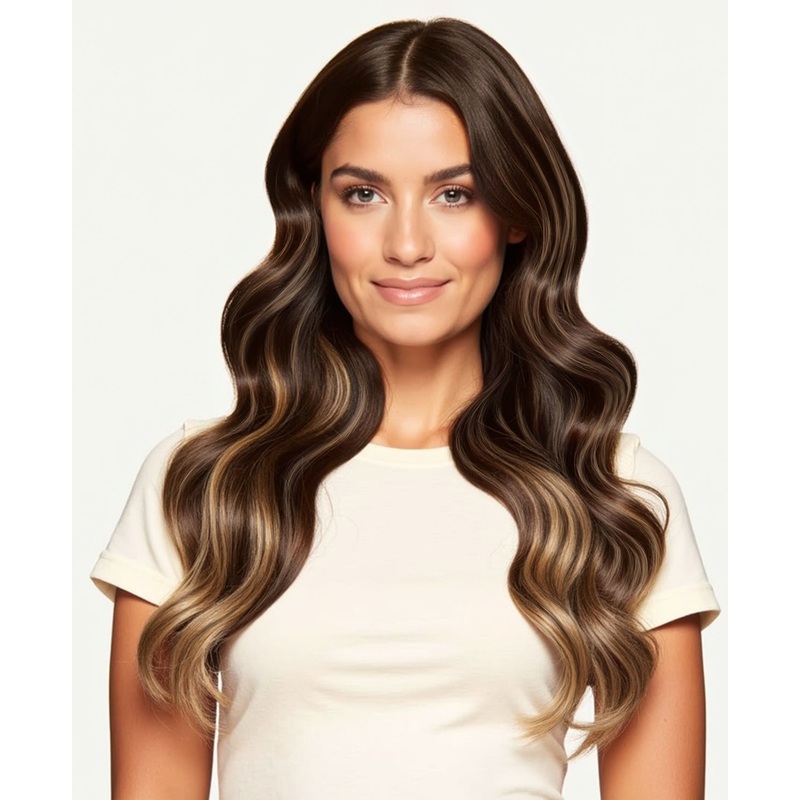 invisible clip-in hair extensions brown balayage. 14″ Classic