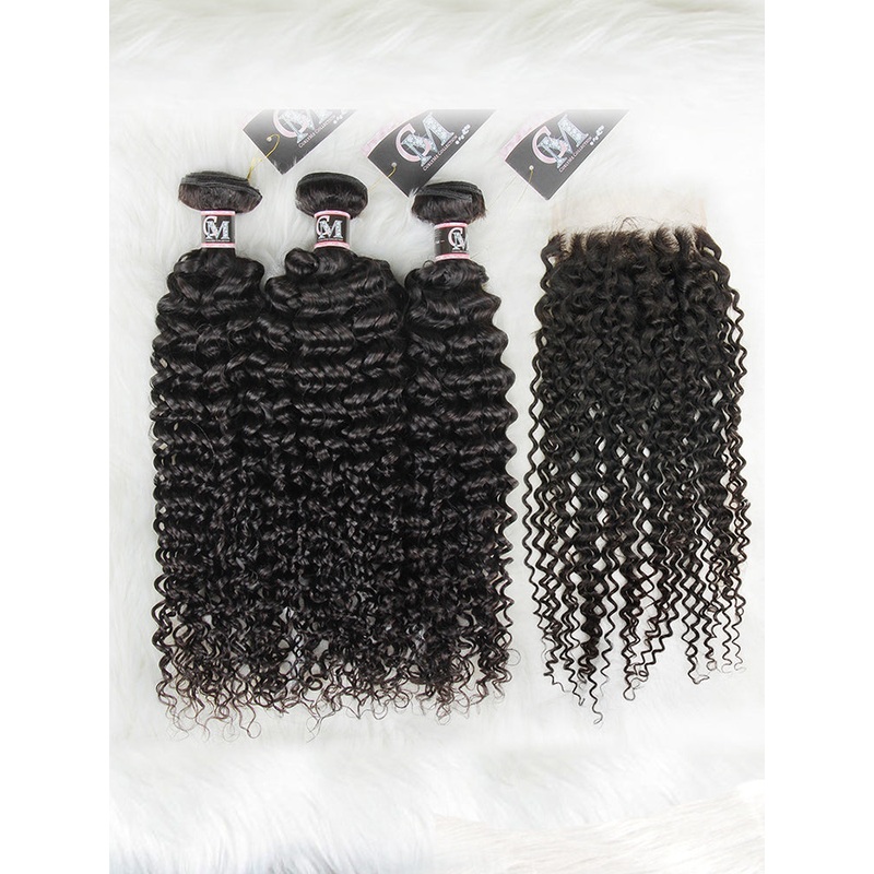 CurlyMe Kinky Curly Virgin Human Hair 3 Bundles With 4×4 Closure Natural Black 8 10 12 4×4 Closure 8
