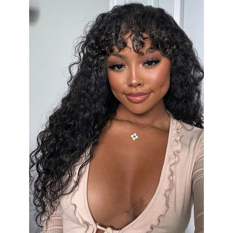 CurlyMe Water Wave Hair Non Lace Wigs Full Machine Made Wigs With Bangs For Women 180% 8