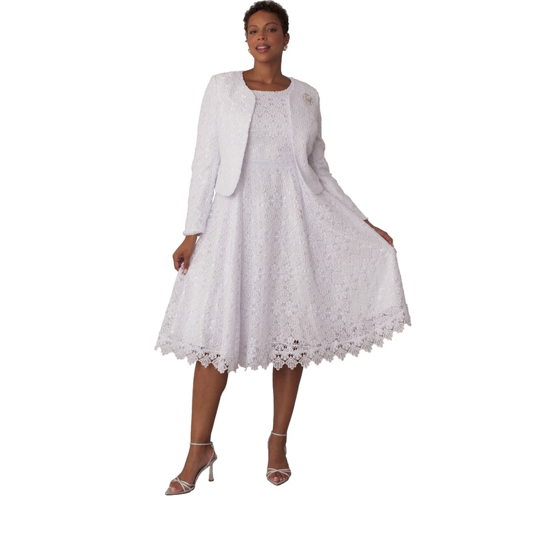 Elegant Two-Piece Lace Dress & Satin Jacket Set- 4856 WHITE 6