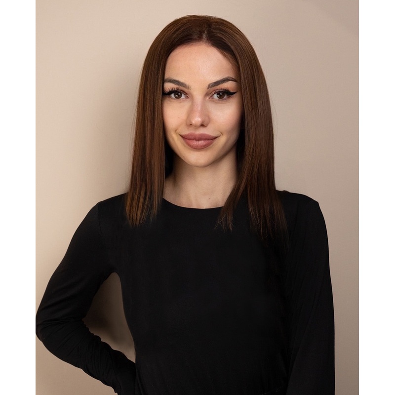 full lace human wig – 12″ medium brown.