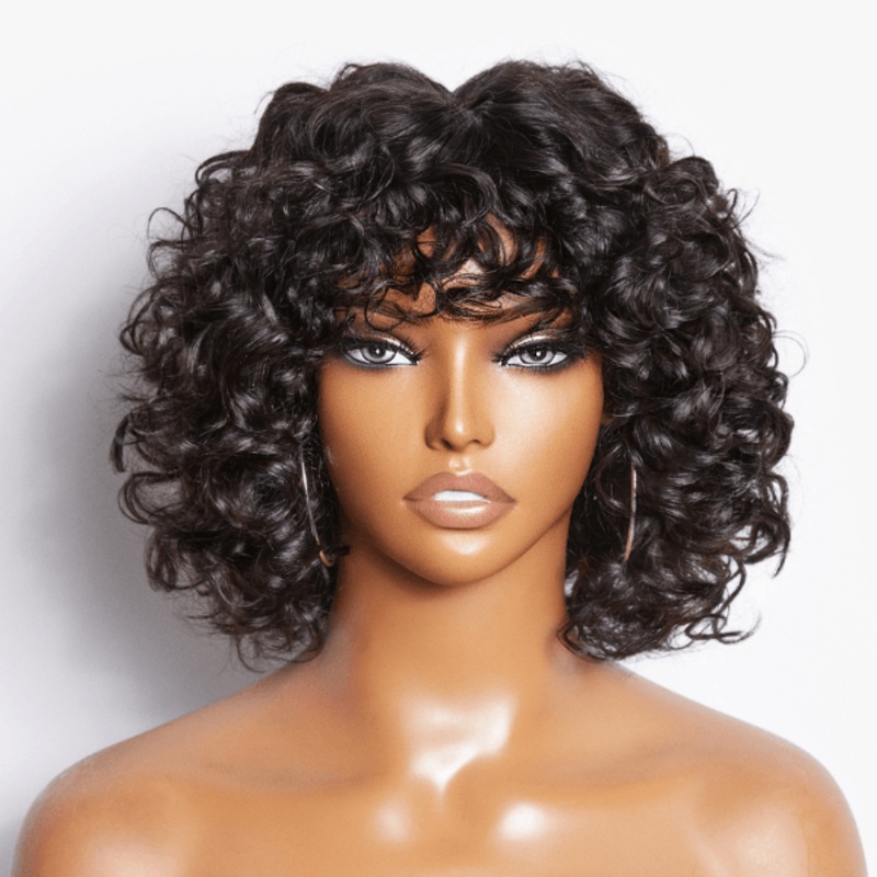 Light Weight Short Cut Water Wave Glueless Minimalist Lace Wig with Curly Bangs Natural Black 6