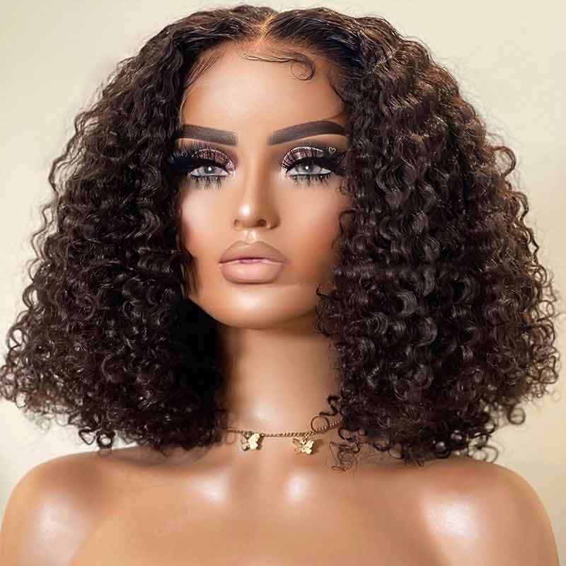 QVR Short Bob Wigs 4×4 Lace Closure Curly Bob Wigs Human Hair Wigs Natural Black 10 180% 4×4 Lace