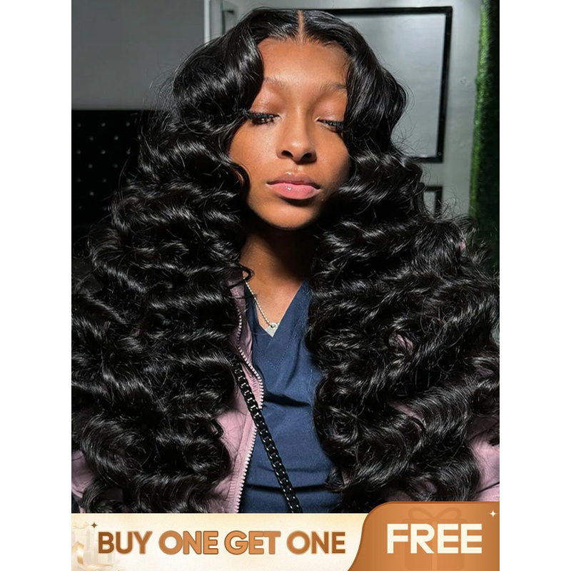 CurlyMe Loose Deep Wave Hair 4×4 Swiss Lace Closure Wigs Pre Plucked Natural Color 180% 12