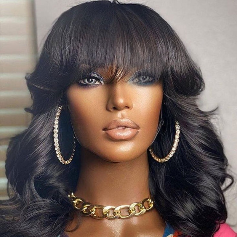 Glueless Beginner Friendly Soft Wavy Curls Bob Wig with Bangs 100% Human Hair – US Only 14 inches