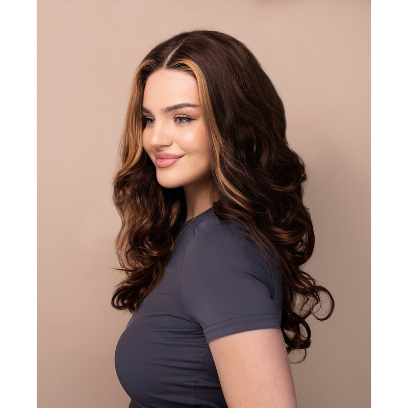 lace front human wig – 18″ chocolate brown with moneypiece highlights.