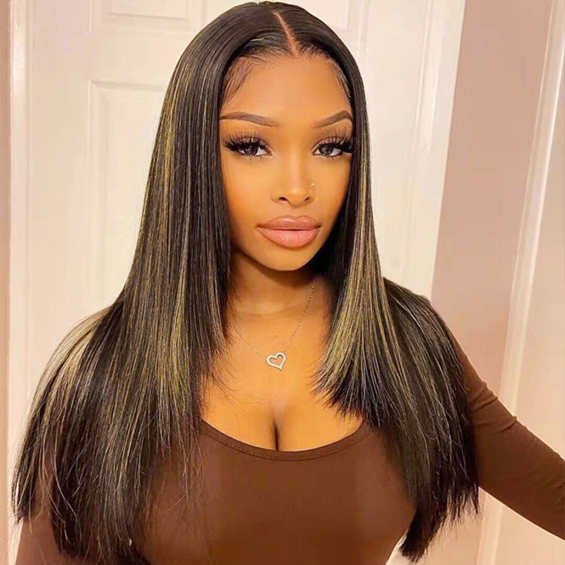 Layered Cut #1B/27 Blonde Highlights Pre Plucked 13×4 HD Lace Frontal Wig Straight Human Hair Wigs 14 Mid Part 5×5 Lace 180%
