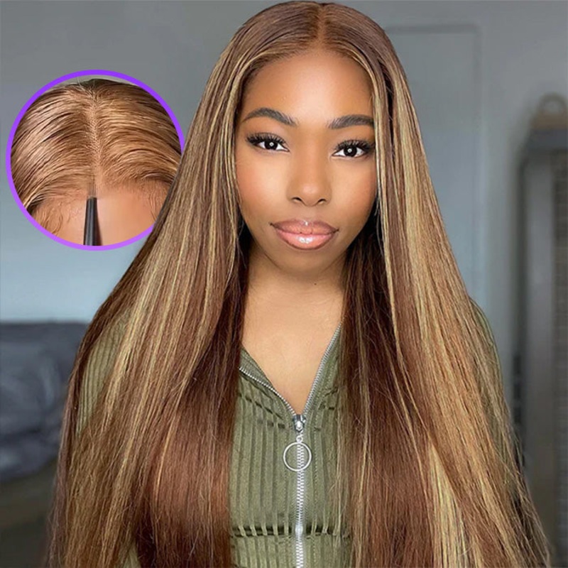 Ready & Go Blonde Highlight Straight Wig Upgrade 8*5 Pre Cut Lace Closure Wigs For Sale #P4/27 Color 10 Bob 8×5 Pre-Cut HD Lace Natural (180%)