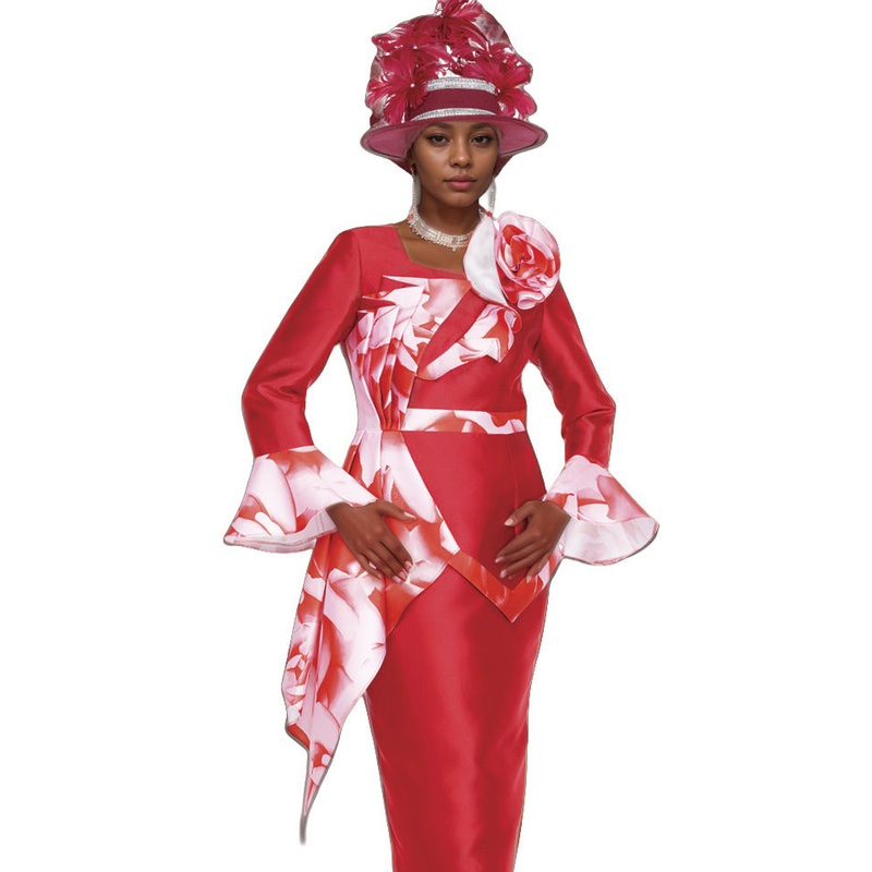 Trimmed with Print 2PC Suit Red Pink 8