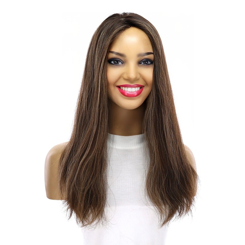 18″ Emerald Silk Top Topper Dark Brown w/ Highlights Slightly Wavy