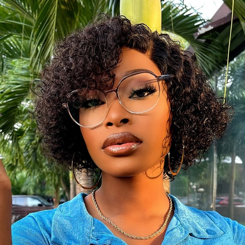 Crazy Wednesday | Trendy Short Cut Curly Minimalist HD Lace Glueless Side Part Wig 100% Human Hair Natural Black 8 Yes