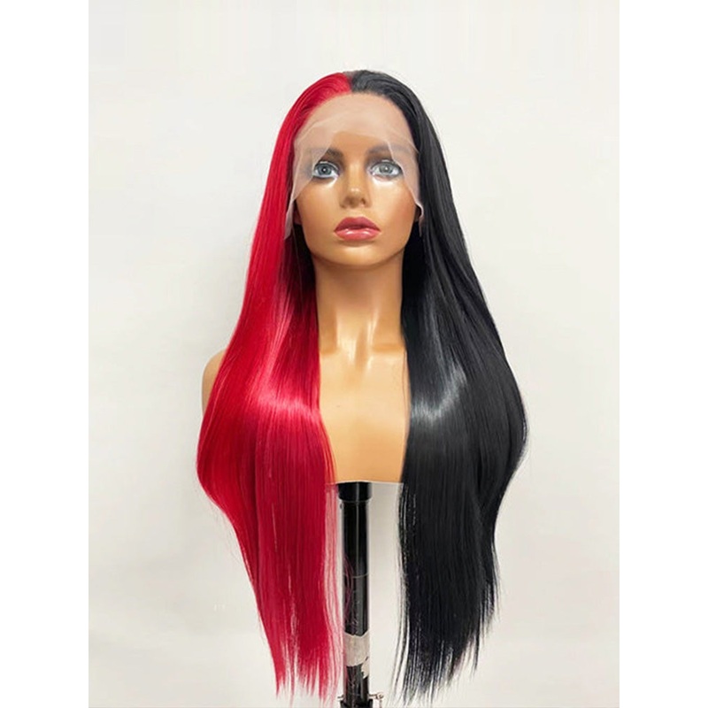 CurlyMe Highlight Split Dyed Hair Half Red Half Black Color Straight Lace Front Wigs 180% 18