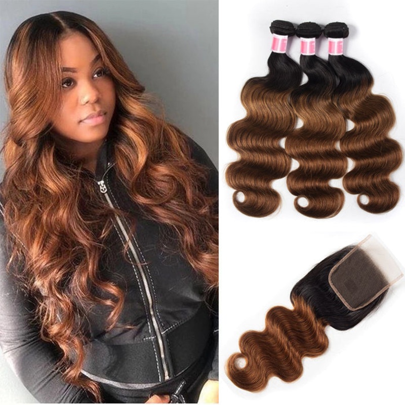Ombre T1b/30 Body Wave 3 Bundles with Closure Free Part Virgin Human Hair Free Part 12 12 12+10 Brazilian Hair