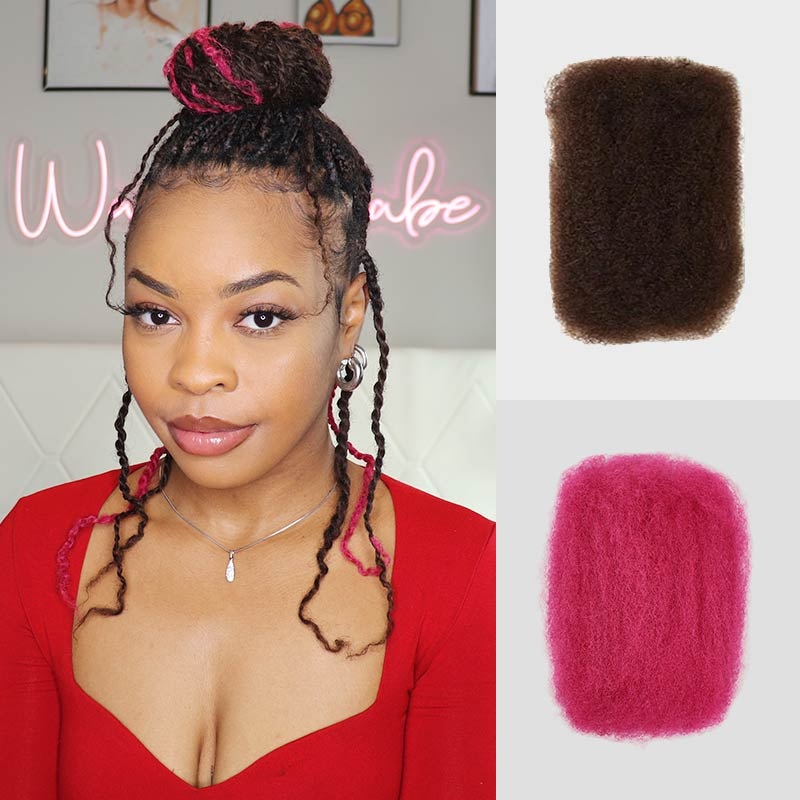 QVR Dark Brown+Pink Two Colors Afro Kinky Bulk Human Hair For Braiding DreadLock Dark Brown#4+#Pink (Model Show) 3 Packs+1 Pack (Model Show) 10”