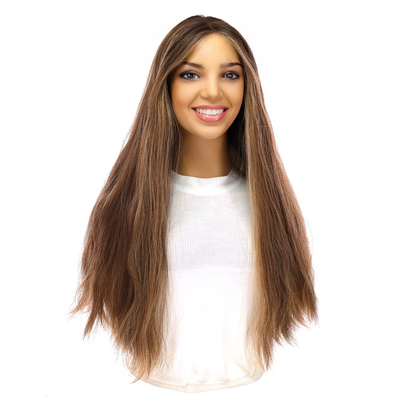 24″ Divine Lace Top Wig Medium Brown w/ Highlights Slightly Wavy