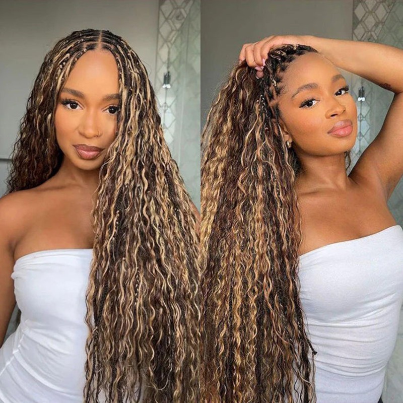 Boho Braided Wigs Ombre Highlight Brown Color Water Wave Pull Go Drawstring 13×6 HD Lace Frontal Human Hair Wigs 14 13×6 Lace with Drawstring Cap 220%