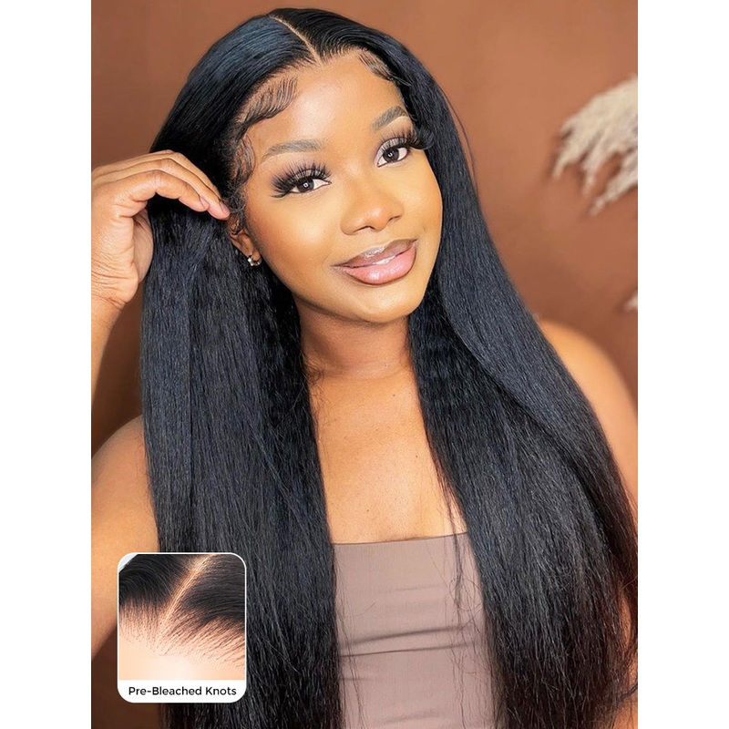 CurlyMe Pre-bleached Light Yaki Straight Hair Wear Go Glueless Wig Pre-cut HD Lace Pre-plucked Bleached HD Lace 8(bob)