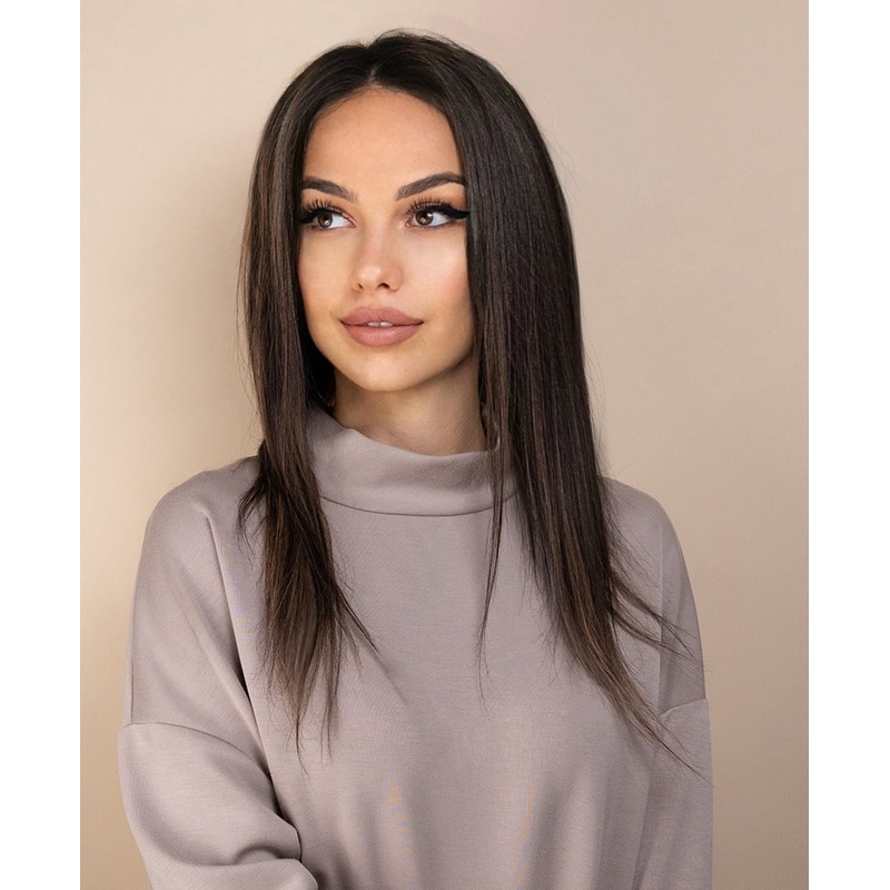 full lace human wig – 14″ dark highlights.