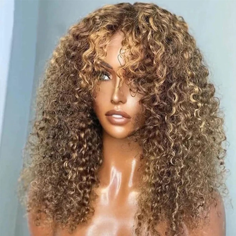 4/27 Honey Blonde Highlights Curly Human Hair Wigs with Bangs Glueless 13*4 HD Lace Front Wigs 14 Full Machinemade Wig 150%