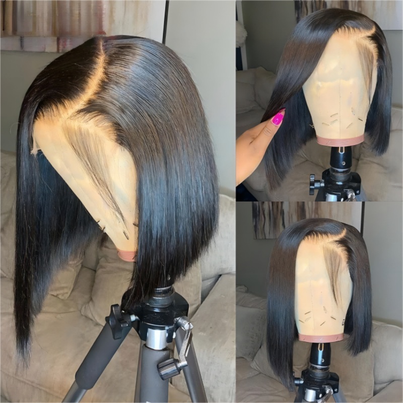Asymmetrical Blunt Cut Bob Side Part Straight Glueless HD Lace Front Wigs 220% Density 10 Left Side 5×5 Lace