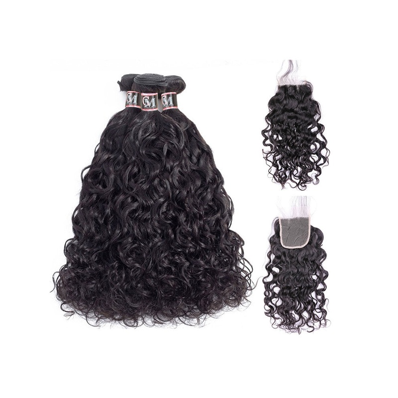 CurlyMe Natural Wave Virgin Human Hair 3 Bundles With 4×4 Closure Natural Black 8 10 12 4×4 Closure 8