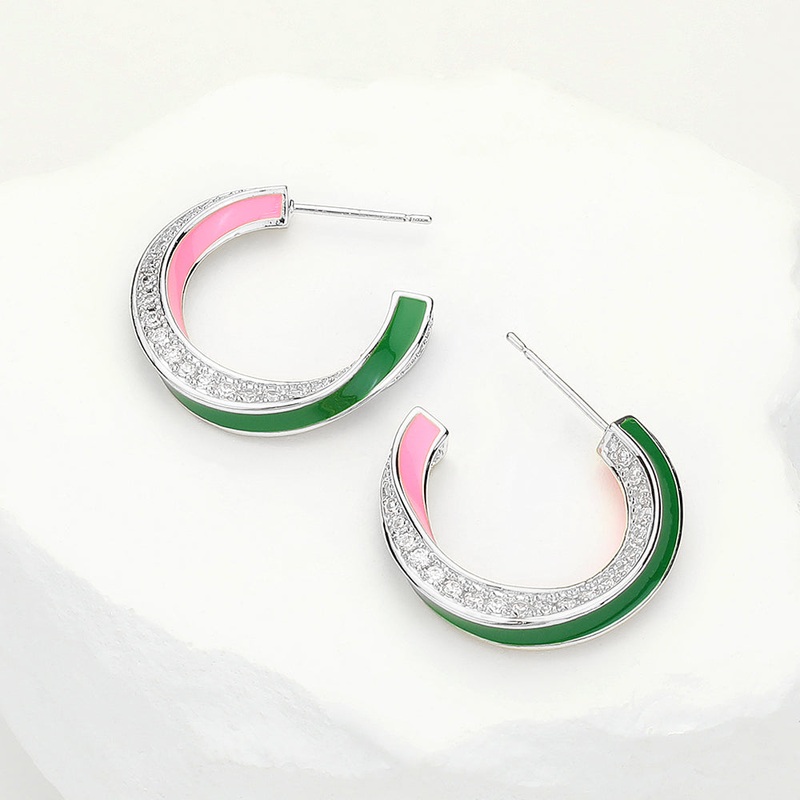 14K Gold Dipped Enamel Curved CZ Stone Paved Hoop Earrings Gold, Pink&Green