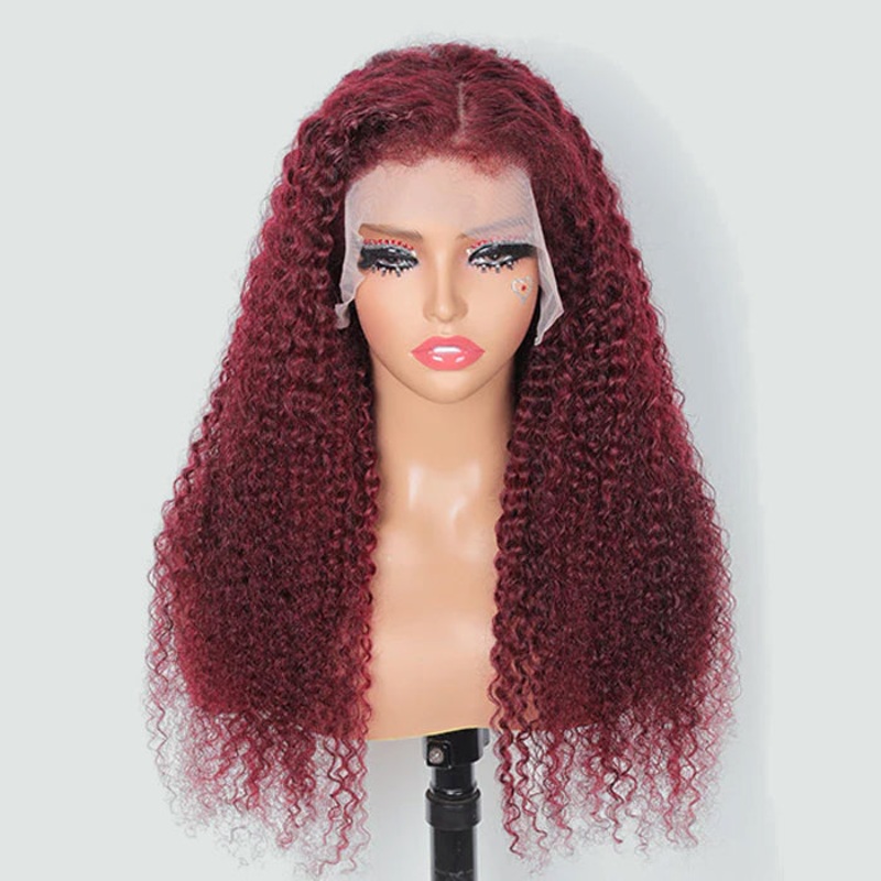 4C Curly Edges Hairline Wig 99J Burgundy Color 13×6 Full HD Lace Glueless Human Hair Curly Wigs 12 Pre Cut 8×5 Lace 180%