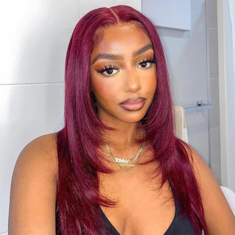 #99J Burgundy Layered Cut Straight Wigs 13×4 HD Lace Frontal Human Hair Wigs 14 Mid Part 5×5 Lace 180%