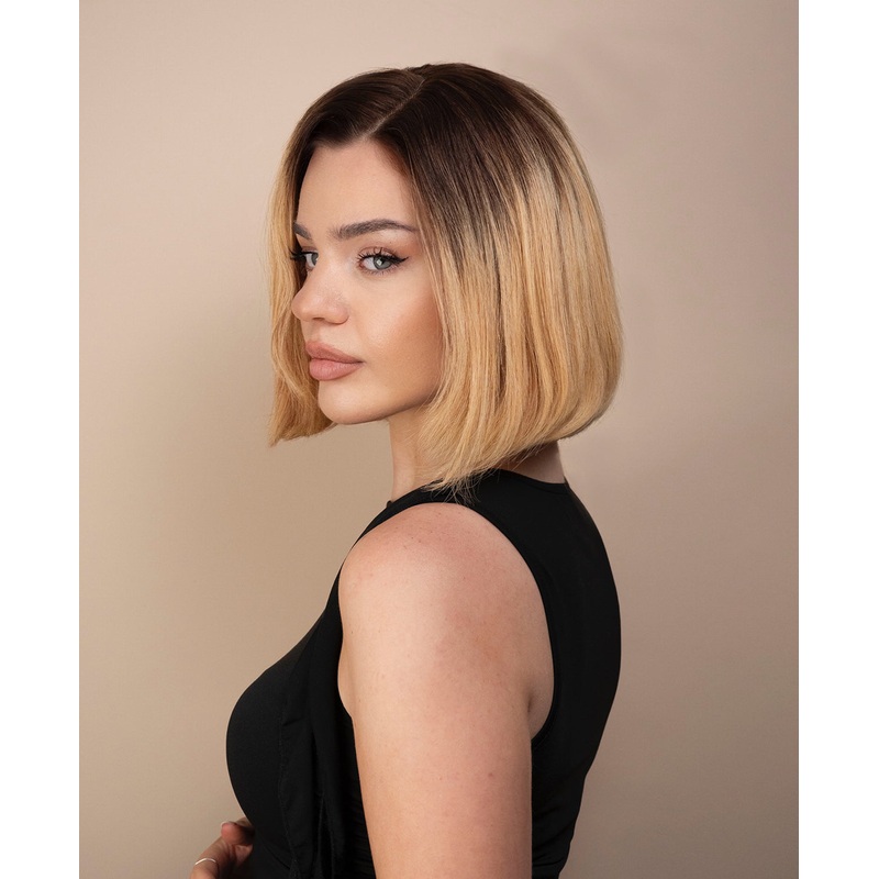 lace front bob human wig – 10″ rooted honey blonde.