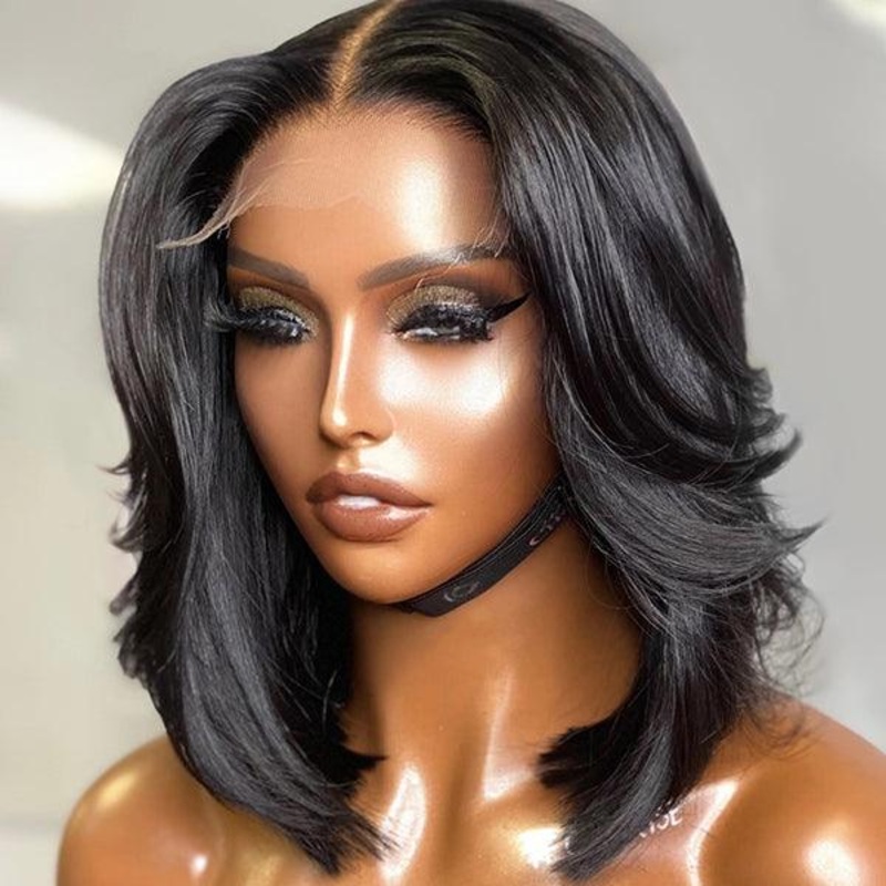 Limited Design | Natural Black Handcraft Layered 5×5 Closure HD Lace Glueless Short Wig | Large & Small Cap Size S (21.5 inches) 12 (Pre-order | 5-Day Crafting) No