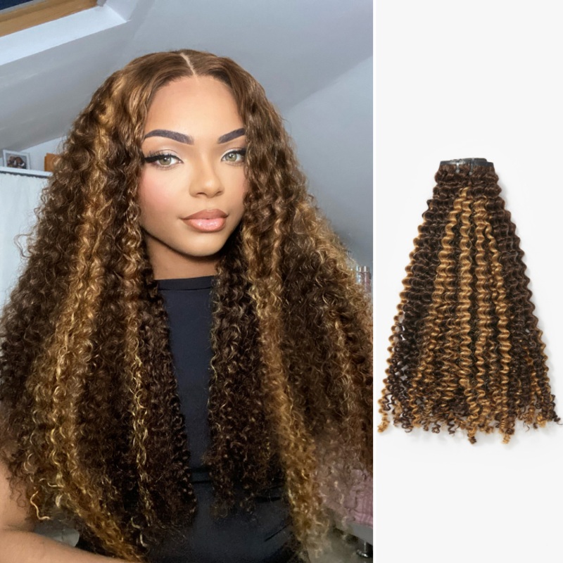 Seamless Brown Highlights Kinky Curly Clip in Hair Extensions 135g 9pcs / 7pcs with Free Gift 1 pack 14 Get Free Gifts