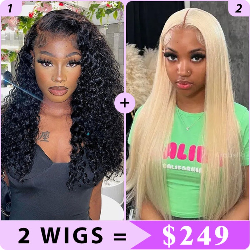 2 Wigs Set | #613 Blonde Silky Straight 5×5 HD Lace Wig & Water Wave 13×4 Skin Melt HD Lace Glueless Wig 22″ 5×5 HD Lace Straight Wig  – #613 Blonde 20″ 13×4 HD Lace Water Wave Wig  – Natural Color